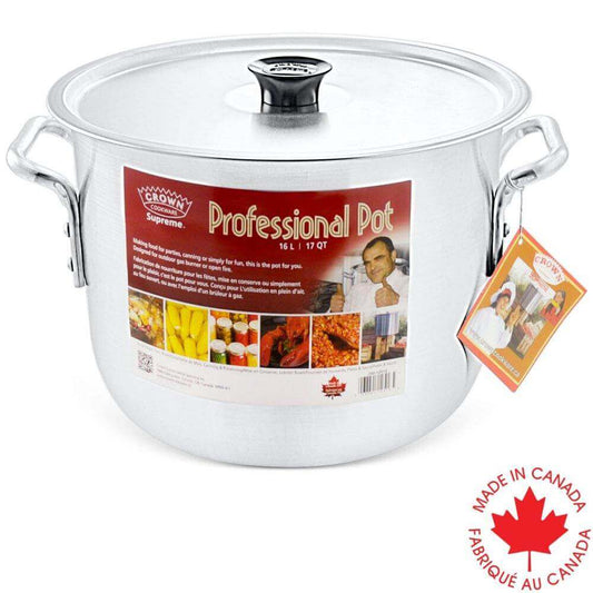 Silver 16 QT professional cooking pot with lid, ideal for large recipes, made in Canada.