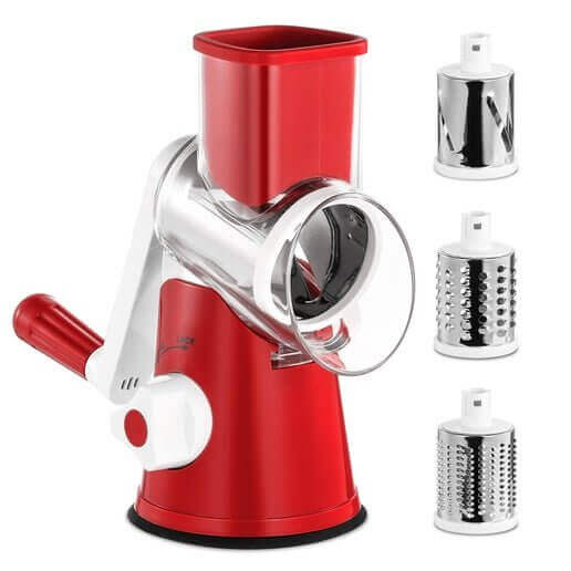 Red manual grater with four interchangeable stainless steel drums for versatile food prep.