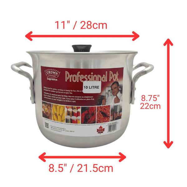 10L aluminum stockpot with cover, superior craftsmanship, curved rim design, even heating, made in Canada.