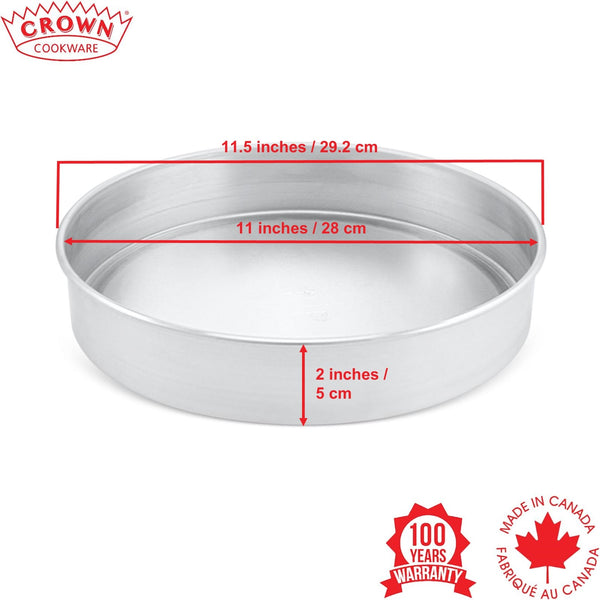 Metal cake pan with dimensions and Crown Cookware branding on a white background, Canadian-made cookware and bakeware, Premium quality aluminum bakeware, Commercial-grade kitchenware made in Canada, Crown Cookware factory in Toronto, Professional baking pans for home and business, Durable cake pans made in Canada, High-performance cooking tools for chefs, 11x2 aluminum cake pan