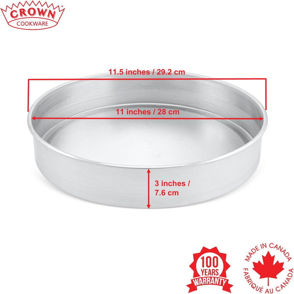 Metal cake pan with dimensions labeled and Crown Cookware branding on a white background, Canadian-made cookware and bakeware, Premium quality aluminum bakeware, Commercial-grade kitchenware made in Canada, Crown Cookware factory in Toronto, Professional baking pans for home and business, Durable cake pans made in Canada, High-performance cooking tools for chefs