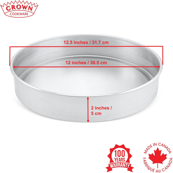 Metal baking pan with measurements and Crown Cookware branding on a white background, Canadian-made cookware and bakeware, Premium quality aluminum bakeware, Commercial-grade kitchenware made in Canada, Crown Cookware factory in Toronto, Professional baking pans for home and business, Durable cake pans made in Canada, High-performance cooking tools for chefs, 12x2 aluminum cake pan