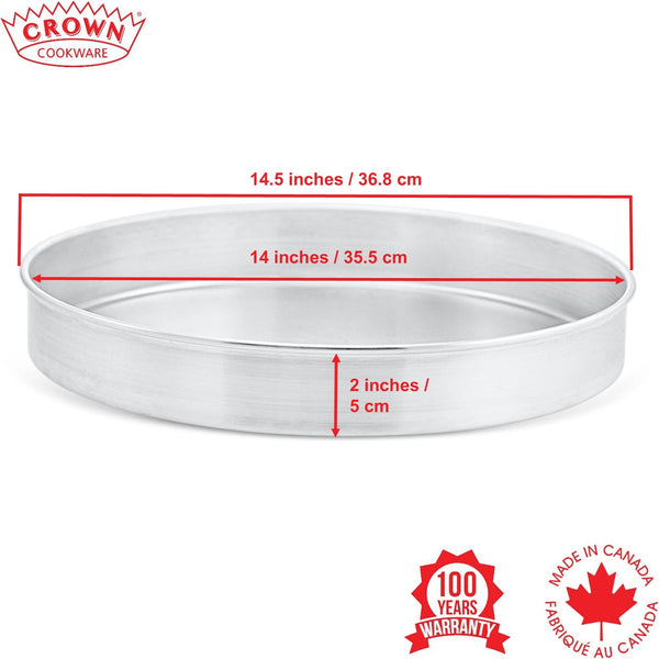 Metal baking pan with dimensions and Crown Cookware branding on a white background, Canadian-made cookware and bakeware, Premium quality aluminum bakeware, Commercial-grade kitchenware made in Canada, Crown Cookware factory in Toronto, Professional baking pans for home and business, Durable cake pans made in Canada, High-performance cooking tools for chefs, 14x2 aluminum cake pan