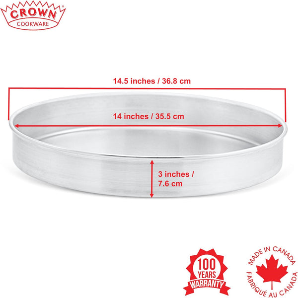 Metal baking pan with dimensions and Crown Cookware branding on a white background,Canadian-made cookware and bakeware, Premium quality aluminum bakeware, Commercial-grade kitchenware made in Canada, Crown Cookware factory in Toronto, Professional baking pans for home and business, Durable cake pans made in Canada, High-performance cooking tools for chefs