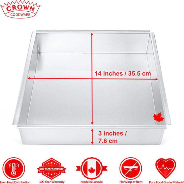 Canadian-made cookware and bakeware, Premium quality aluminum bakeware, Commercial-grade kitchenware made in Canada, Crown Cookware factory in Toronto, Professional baking pans for home and business, Durable cake pans made in Canada, High-performance cooking tools for chefs, square cake pan, straight edge pan