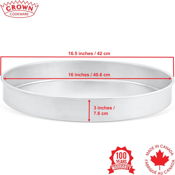 Crown Cookware baking dish with dimensions and made in Canada label on a white background,Canadian-made cookware and bakeware, Premium quality aluminum bakeware, Commercial-grade kitchenware made in Canada, Crown Cookware factory in Toronto, Professional baking pans for home and business, Durable cake pans made in Canada, High-performance cooking tools for chefs