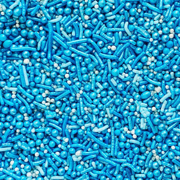 Baby blue sprinkle mix featuring various shapes and sizes, ideal for cake and cookie decoration for special occasions.