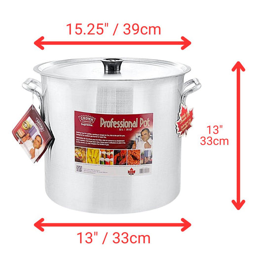 Heavy duty 32L professional aluminium stock pot with measurements 15.25" x 13" for commercial cooking.
