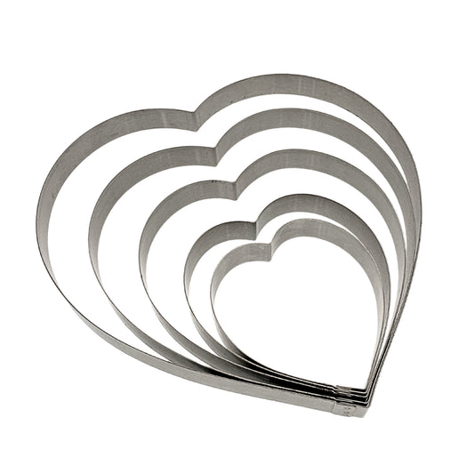 Set of five heart-shaped stainless steel cake rings, perfect for baking desserts and made in Canada.