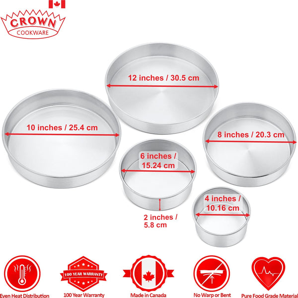 Set of metal cake pans with measurements and Crown Cookware branding on a white background, Canadian-made cookware and bakeware, Premium quality aluminum bakeware, Commercial-grade kitchenware made in Canada, Crown Cookware factory in Toronto, Professional baking pans for home and business, Durable cake pans made in Canada, High-performance cooking tools for chefs, aluminum cake pan set
