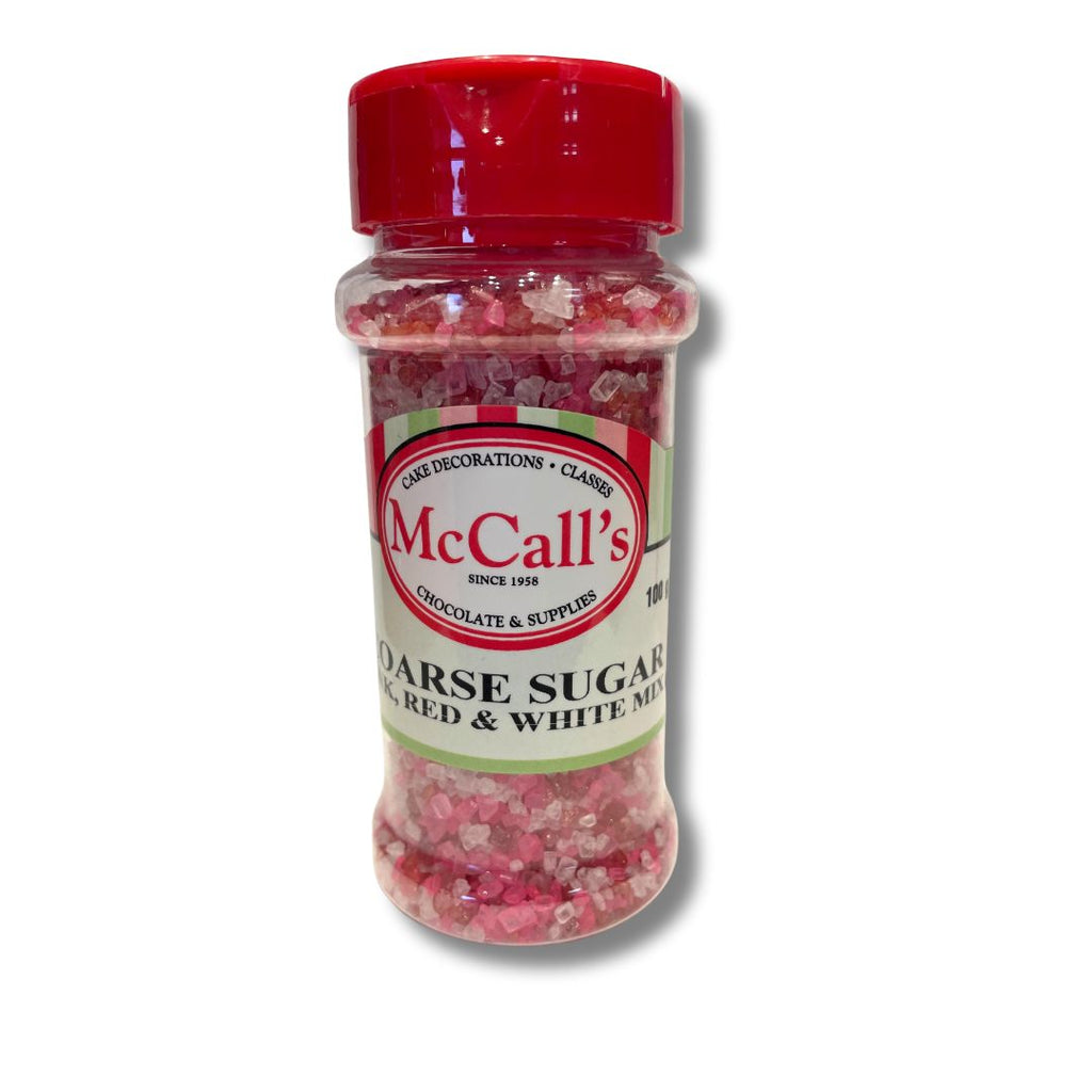 Coarse sugar mix in pink, red, and white colors, 100g jar by McCall's for baking and cake decoration.