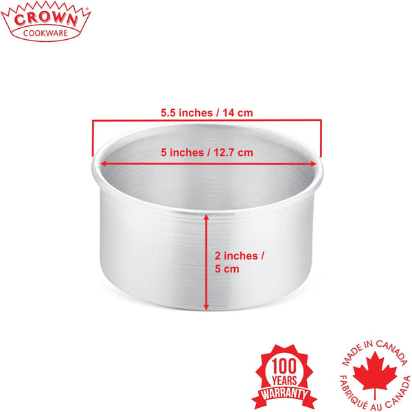 Metal cake pan with dimensions labeled, Crown Cookware logo, and 'Made in Canada' text on a white background, Canadian-made cookware and bakeware, Premium quality aluminum bakeware, Commercial-grade kitchenware made in Canada, Crown Cookware factory in Toronto, Professional baking pans for home and business, Durable cake pans made in Canada, High-performance cooking tools for chefs, 5x2 aluminum cake pan