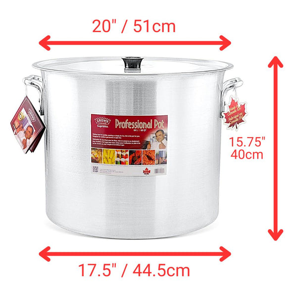 Stock pot with lid, 64L, made in Canada, showcasing superior craftsmanship and heavy gauge aluminum for even heating.