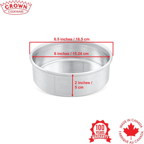 Metal baking dish with dimensions labeled on a white background, featuring Crown Cookware branding, Canadian-made cookware and bakeware, Premium quality aluminum bakeware, Commercial-grade kitchenware made in Canada, Crown Cookware factory in Toronto, Professional baking pans for home and business, Durable cake pans made in Canada, High-performance cooking tools for chefs, 6x2 aluminum cake pan
