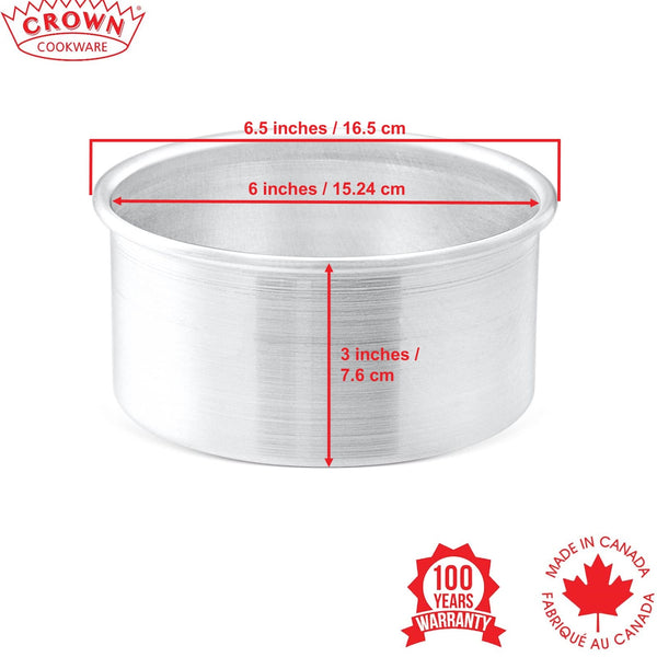 Metal baking pan with dimensions labeled, featuring Crown Cookware branding,Canadian-made cookware and bakeware, Premium quality aluminum bakeware, Commercial-grade kitchenware made in Canada, Crown Cookware factory in Toronto, Professional baking pans for home and business, Durable cake pans made in Canada, High-performance cooking tools for chefs