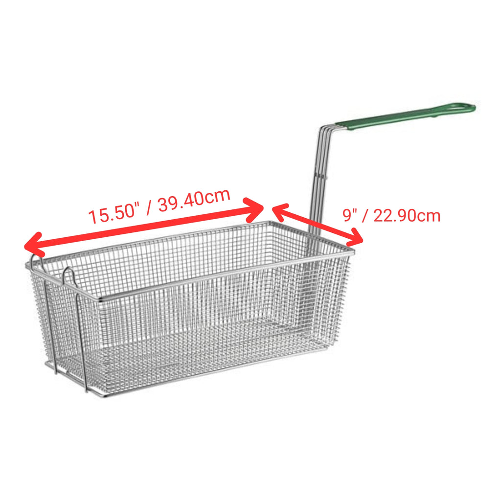 Commercial fryer basket 9" x 15.5" with PVC-coated handle for optimal grip and durability in frying.