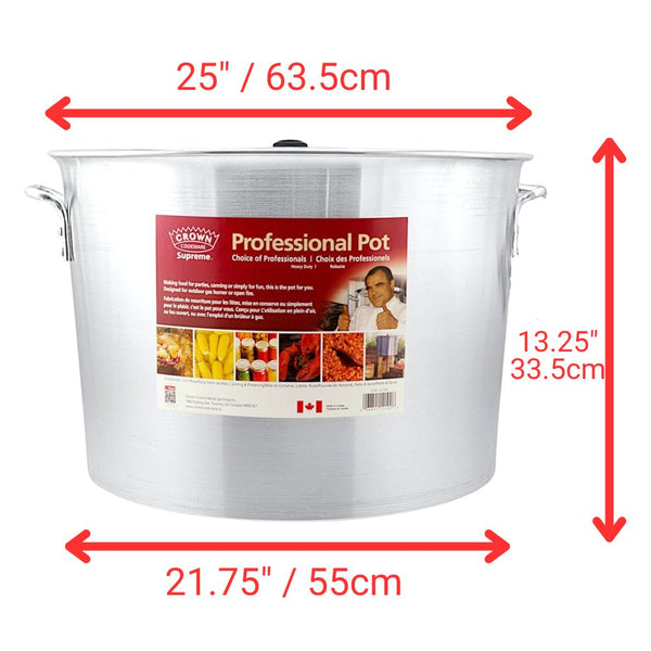 Stock pot with lid, 85 Q/80L, made from heavy gauge aluminum, Canadian craftsmanship, ideal for professional cooking.