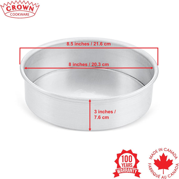 Metal cake pan with dimensions labeled, featuring Crown Cookware branding,Canadian-made cookware and bakeware, Premium quality aluminum bakeware, Commercial-grade kitchenware made in Canada, Crown Cookware factory in Toronto, Professional baking pans for home and business, Durable cake pans made in Canada, High-performance cooking tools for chefs