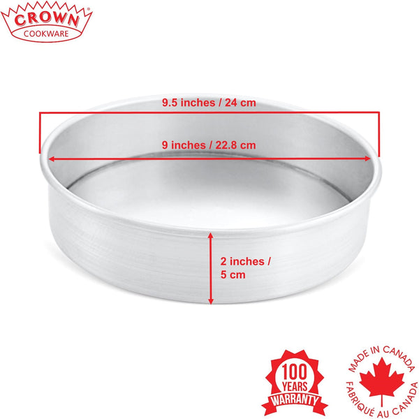 Metal cake pan with dimensions labeled and Crown Cookware branding on a white background, Canadian-made cookware and bakeware, Premium quality aluminum bakeware, Commercial-grade kitchenware made in Canada, Crown Cookware factory in Toronto, Professional baking pans for home and business, Durable cake pans made in Canada, High-performance cooking tools for chefs, 9x2 aluminum cake pan