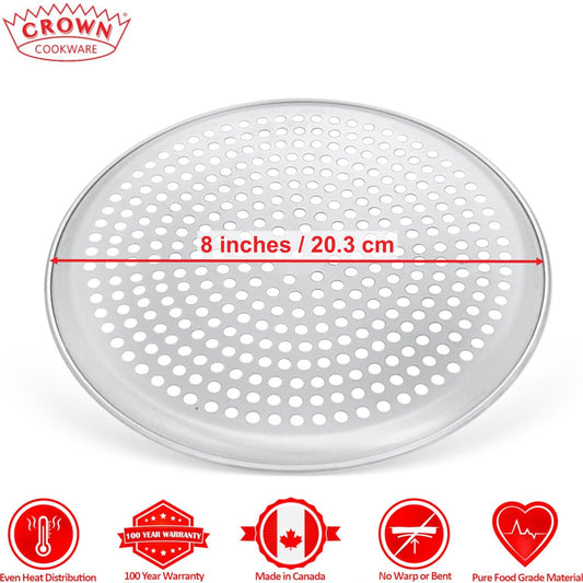 8-inch perforated pizza pan with Crown Cookware branding on a white background,Canadian-made cookware and bakeware, Premium quality aluminum bakeware, Commercial-grade kitchenware made in Canada, Crown Cookware factory in Toronto, Professional baking pans for home and business, Durable cake pans made in Canada, High-performance cooking tools for chefs