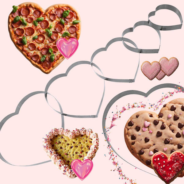Heart-shaped cakes and pizzas displayed with stainless steel heart rings for baking, showcasing unique dessert designs.