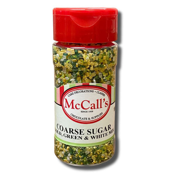 Coarse sugar mix in gold, green, and white from McCall's, ideal for cake decorations, 100g jar.