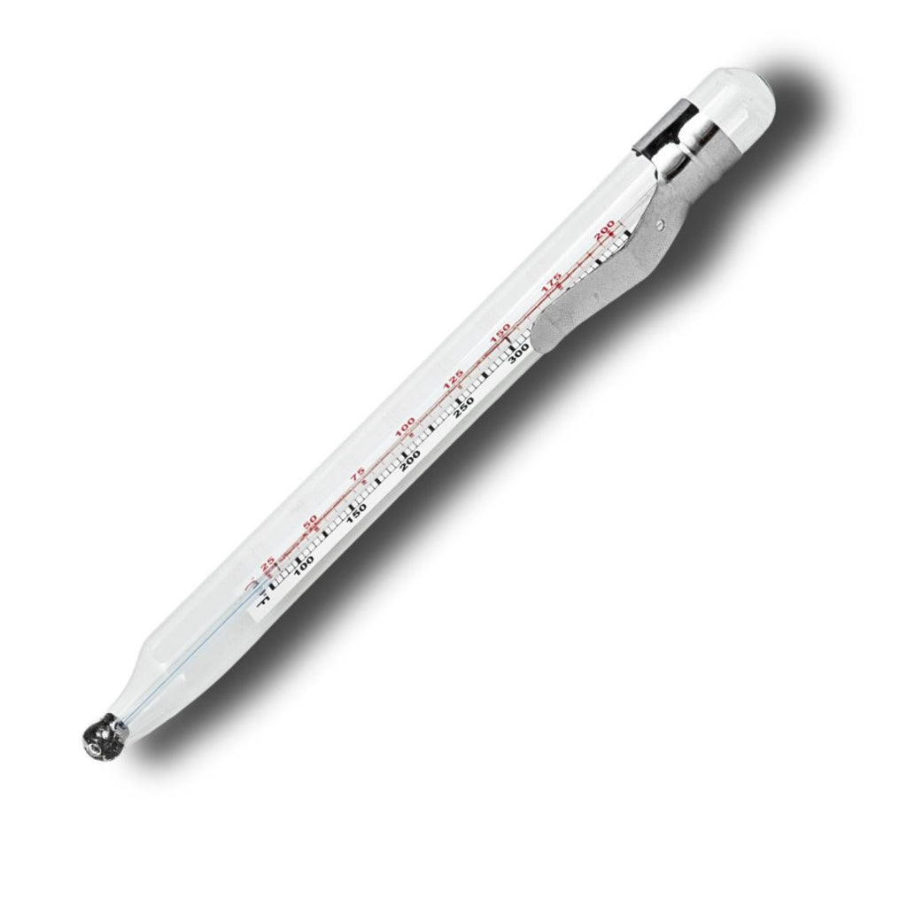 Glass candy thermometer with clear reading scale in Fahrenheit and Celsius for candy making accuracy.