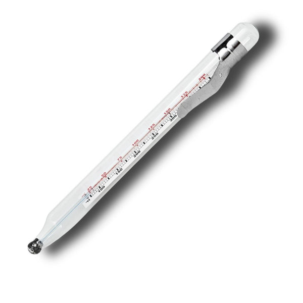 Glass candy thermometer with clear reading scale in Fahrenheit and Celsius for candy making accuracy.