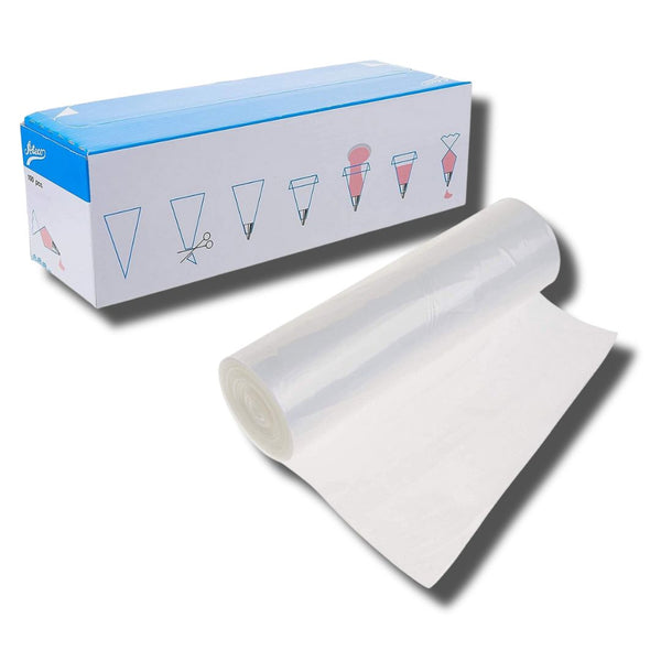 Disposable piping bag roll of 100 bags, ideal for mess-free decorating of hot and cold foods.