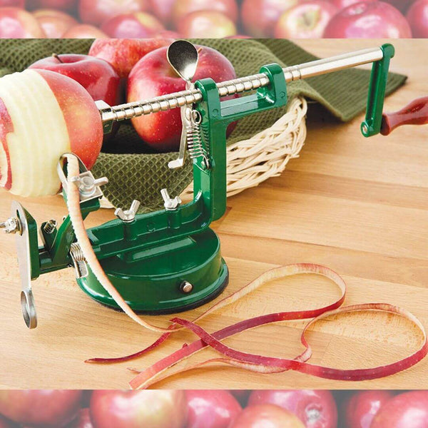 APPLE PEELING MACHINE WITH SUCTION BASE, Aluminum Apple Peeling Machine with Suction Base peeling an apple - Crown Cookware