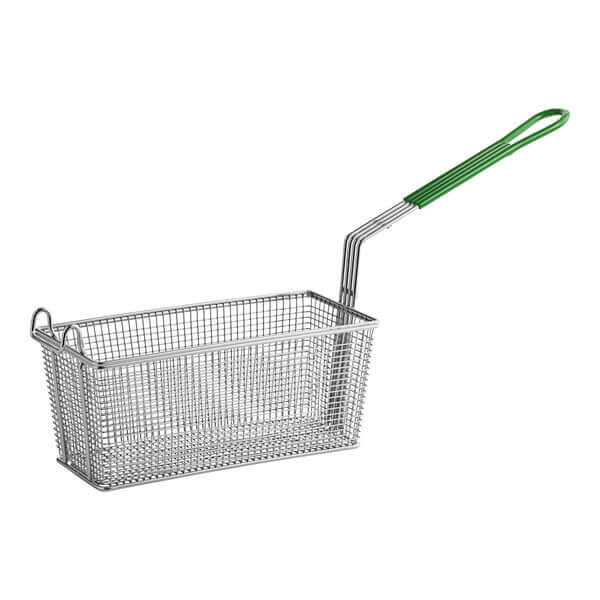 Commercial fryer basket with green PVC-coated handle for safe, comfortable use and optimal airflow for frying.