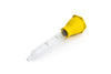 Clear plastic syringe with yellow plunger on a white background