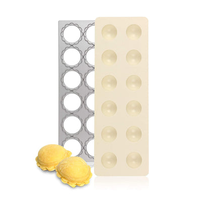 Aluminum mold with decorative pattern and plain surface, next to two yellow pastries on a white background