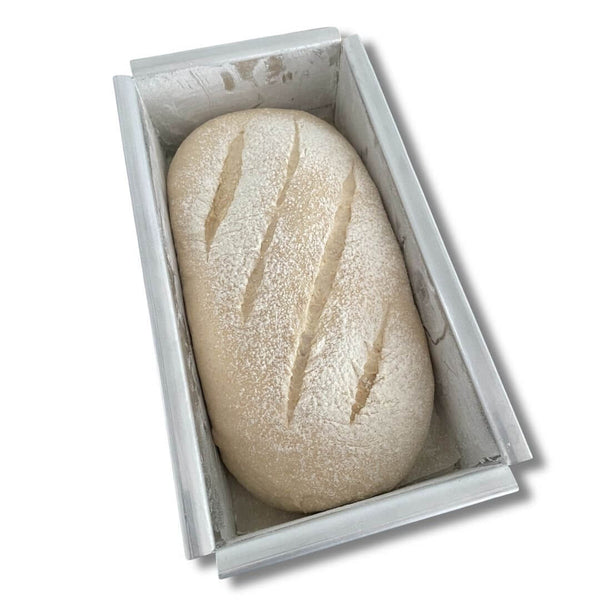  LOAF PAN (4 X 13 X 4 INCH) ,High-quality food-grade aluminum loaf pan with bread dough inside ready to be baked- Crown Cookware