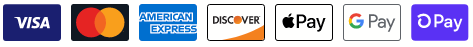 Various payment method icons including Visa, Mastercard, American Express, Discover, Apple Pay, Google Pay, and PayPal.