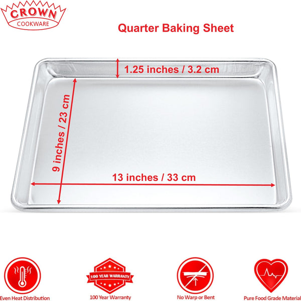 Quarter baking sheet with dimensions labeled and Crown Cookware branding,Canadian-made cookware and bakeware, Premium quality aluminum bakeware, Commercial-grade kitchenware made in Canada, Crown Cookware factory in Toronto, Professional baking pans for home and business, Durable cake pans made in Canada, High-performance cooking tools for chefs