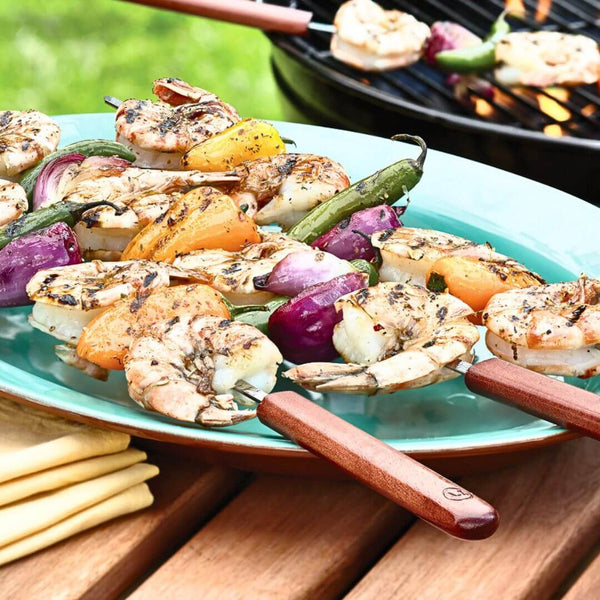 ROSEWOOD COLLECTION BBQ SKEWERS STAINLESS STEEL SET OF 4, with BBQ shrimp and vegetable - Crown Cookware