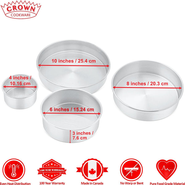 Set of metal cake pans with dimensions and Crown Cookware branding on a white background,Canadian-made cookware and bakeware, Premium quality aluminum bakeware, Commercial-grade kitchenware made in Canada, Crown Cookware factory in Toronto, Professional baking pans for home and business, Durable cake pans made in Canada, High-performance cooking tools for chefs