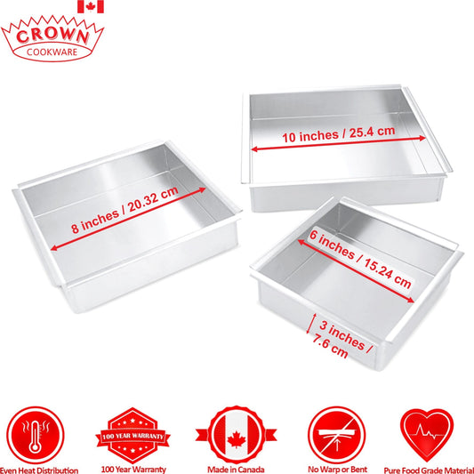 Canadian-made cookware and bakeware, Premium quality aluminum bakeware, Commercial-grade kitchenware made in Canada, Crown Cookware factory in Toronto, Professional baking pans for home and business, Durable cake pans made in Canada, High-performance cooking tools for chefs, square cake pan set
