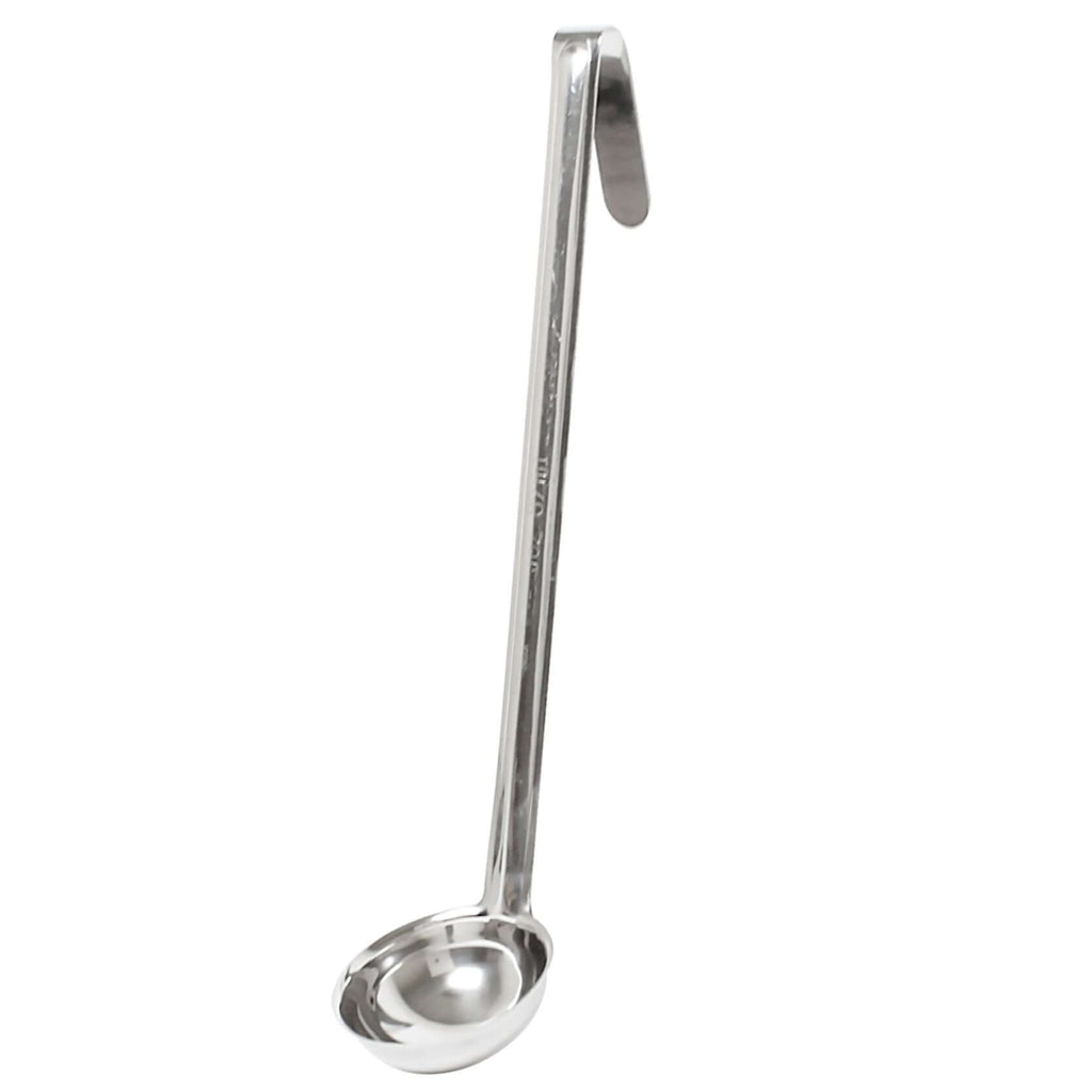 Stainless steel ladle with a long handle and deep bowl for serving soups and stews - Crown Cookware