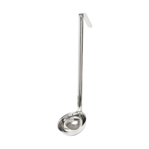 Stainless steel ladle with a long handle and deep bowl for serving soups and stews - Crown Cookware