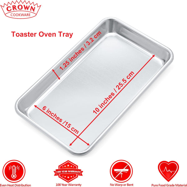 Metal toaster oven tray with dimensions and Crown Cookware branding on a white background, Canadian-made cookware and bakeware, Premium quality aluminum bakeware, Commercial-grade kitchenware made in Canada, Crown Cookware factory in Toronto, Professional baking pans for home and business, Durable cake pans made in Canada, High-performance cooking tools for chefs