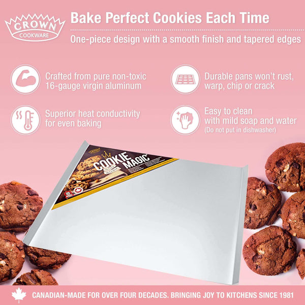 Crown Cookware cookie sheet made in Canada, durable aluminum for even baking of cookies and biscuits with easy clean design.