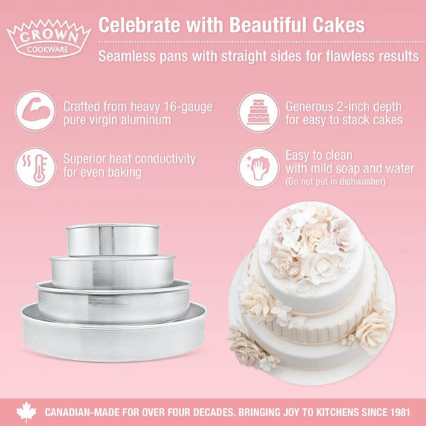 Round cake pan, 2 inches deep, high quality, durable, food-grade aluminum baking pan (info sheet)- Crown Cookware